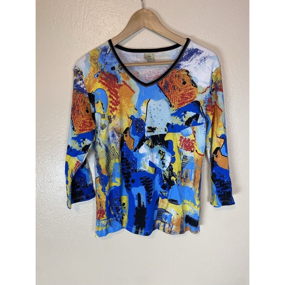 Jess & Jane S Top Blouse Embellished Abstract Art To Wear Artsy Gem V-Neck